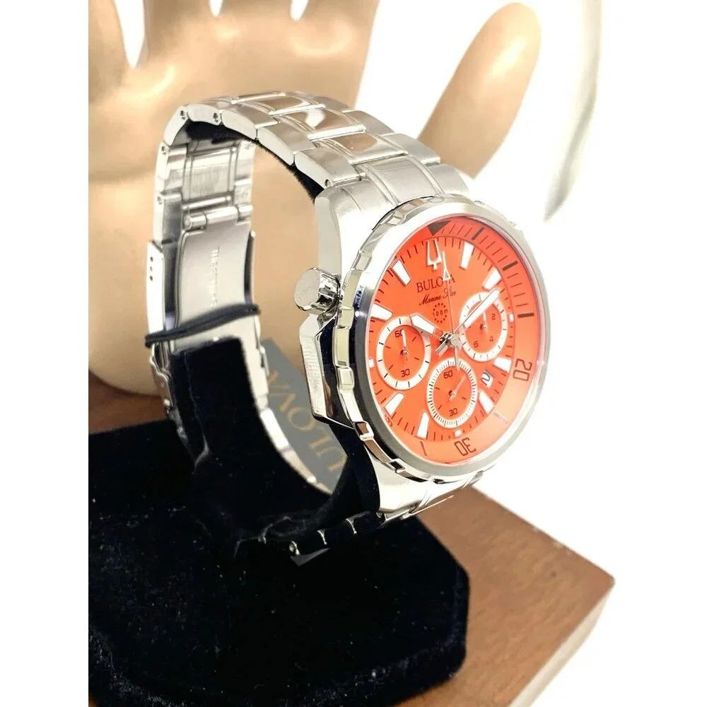 Bulova Men's Watch 96B395 Marine Star Orange Dial Chronograph Silver Steel 43mm